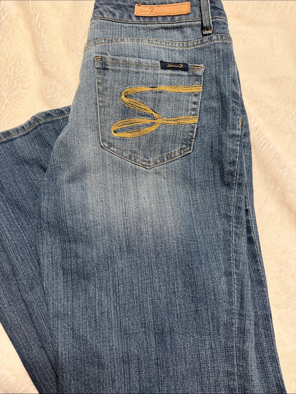 Seven7( premium denim)  Light Blue Flared Jeans with Yellow Pocket Stitch